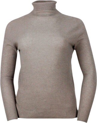 Lightweight Turtleneck Long-sleeved Sweater In Soft And Fine Wool, Silk And Cashmere With Small Rib Knit