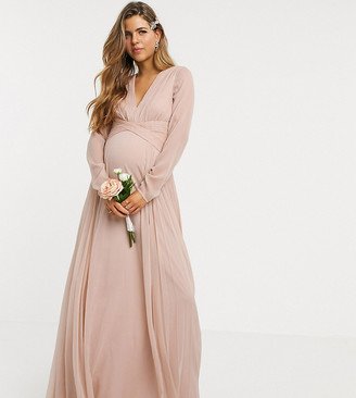 ASOS DESIGN Maternity Bridesmaid ruched waist maxi dress with long sleeves and pleat skirt in blush