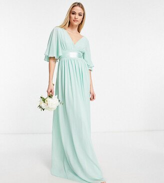 TFNC Tall Bridesmaid kimono sleeve pleated maxi dress with angel sleeve in fresh sage