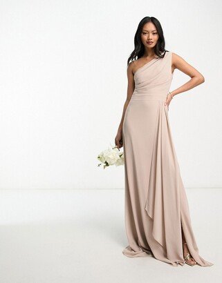 Bridesmaid chiffon one shoulder drape maxi dress in mink