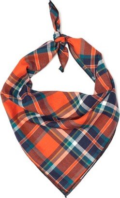 The Worthy Dog Plaid Classic Square Tie-On Bandana - Orange/Navy - S