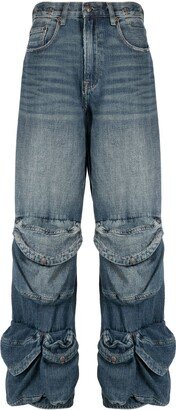 Multiple-Pockets Washed Jeans