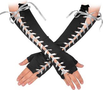 Skeleteen Girls Fingerless Lace-up Gloves - Black and White