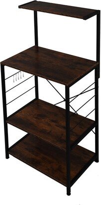 IGEMANINC Multifunction Wooden Kitchen Shelf with 4 Little Hooks, Adjustable Leg Pads Baker's Rack 4 Tier Shelves