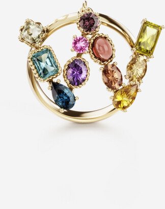 Rainbow alphabet W ring in yellow gold with multicolor fine gems