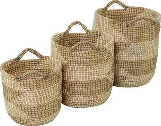 COSMO BY COSMOPOLITAN Brown Seagrass Handmade Two-Tone Storage Basket with Handles - Set of 3