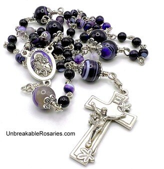 Saint Joseph Rosary Beads in Striped Purple Agate With Italian Lily Crucifix By Unbreakable Rosaries