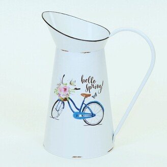 Hello Spring' White With Blue Bicycle Metal Pitcher