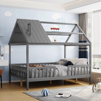 Grey Full Wood House Platform Bed with Fence