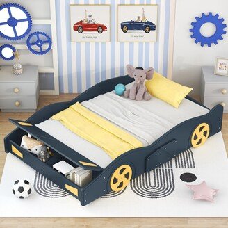 Aoolive Full Size Race Car-Shaped Platform Bed Frame with Wheels and Hidden Storage Space, Funny Kids' Bed