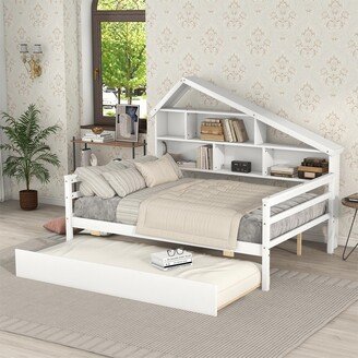 EYIW Full Size Pine Wood Platform Bed with Twin Size Trundle Bed, Open Storage Shelves and Wood Slats