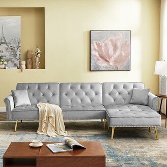 Aoolive Modern Velvet Upholstered Reversible Sectional Sofa Bed , L-Shaped Couch with Movable Ottoman and Nailhead Trim