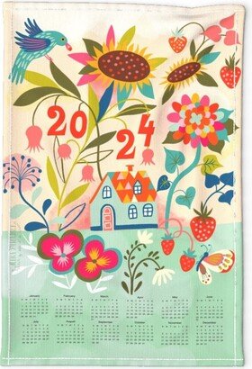 2024 Calendar Tea Towel - Garden Love By Miraparadies Sunflowers Romantic Strawberries Hygge Linen Cotton Canvas Spoonflower