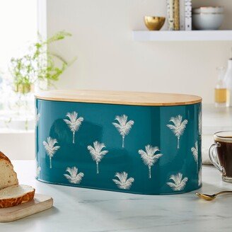 Dunelm Luxe Palm Bread Bin with Bamboo Lid Blue/White/Beige