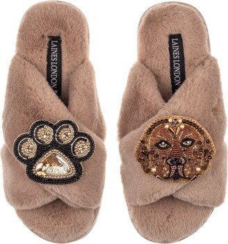 Laines London Classic Laines Slippers With Rocco & Paw Brooches - Toffee