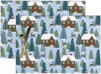 Winter Forest Placemats | Set Of 2 - Cabins in The Woods By Kee Design Studio Woodland Snow Cabin Holiday Cloth Spoonflower