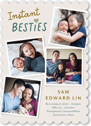 Birth Announcements: Instant Besties Birth Announcement, Grey, 5X7, Pearl Shimmer Cardstock, Scallop