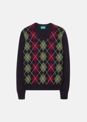 Men Kilmory Argyle Front V-Neck Sweater In Charcoal/green/purple