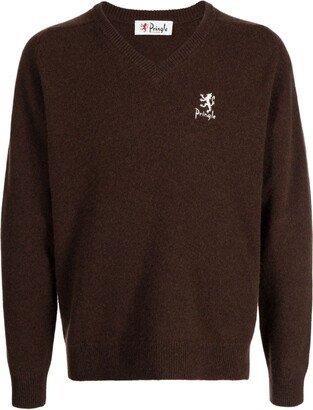 logo-embroidery V-neck jumper