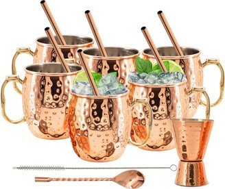 Stainless Steel Lined Copper Moscow Mule Cups Set Of 6 | 18Oz with Straws, 1 Jigger, Spoon & Brush | Wedding, Anniversary Gift