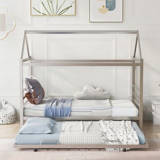 GEROJO Twin Size Metal House Platform Bed with Trundle, Steel Bedframe
