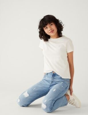 Mom Fit Light Denim Ripped Jeans (6-16 Yrs)