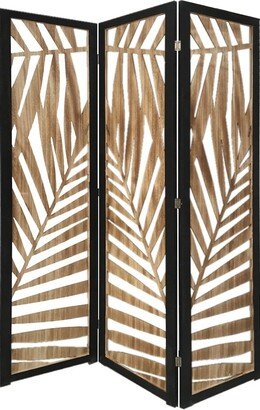 3 Panel Wooden Screen with Laser Cut Tropical Leaf Design, Brown and Black