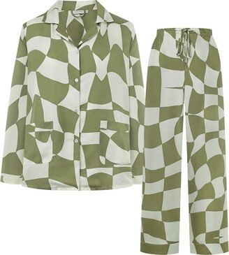 Not Just Pajama Queen Of Chess Long Silk Pajama Set - Green, White