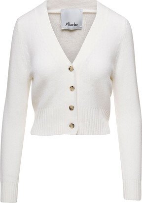 White V Neck Cardigan With Ribbed Trim In Stretch Cashmere Woman