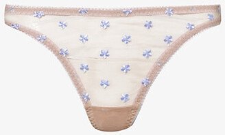 Womens Nude Clover Floral-embroidered Stretch Recycled-nylon Thong