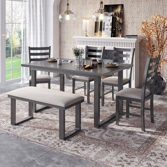 RASOO 6-Piece Gray Solid Wood Dining Set with Table, Chairs, and Bench