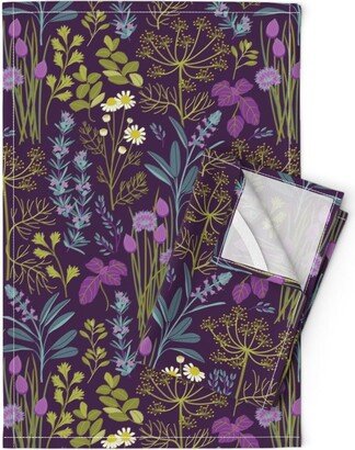 Herb Garden Tea Towels | Set Of 2 - Herbs By Cjldesigns Modern Botanical Green Purple Summer Linen Cotton Spoonflower