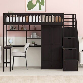 GREATPLANINC Twin Size Fence-Shaped Loft Bed with Wardrobe & Desk, Solid Pine Storage Loft Bed Frame with Storage Stairs, Bookshelf & Drawer