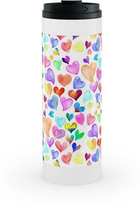 Travel Mugs: Colorful Watercolor Hearts - Multi On White Stainless Mug, White, 16Oz, Multicolor