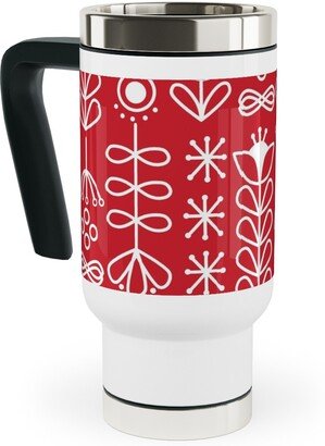 Travel Mugs: Red And White Nordic Mod Floral Travel Mug With Handle, 17Oz, Red