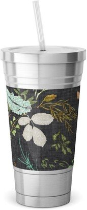 Travel Mugs: Foliage - Charcoal Stainless Tumbler With Straw, 18Oz, Multicolor