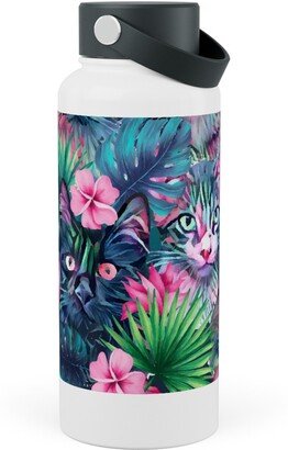 Photo Water Bottles: Summer Floral Cats - Multi Stainless Steel Wide Mouth Water Bottle, 30Oz, Wide Mouth, Multicolor