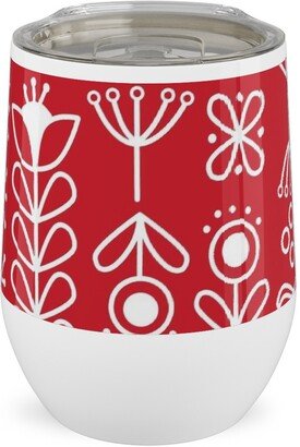 Travel Mugs: Red And White Nordic Mod Floral Stainless Steel Travel Tumbler, 12Oz, Red