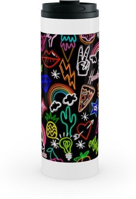 Travel Mugs: Neon Signs - Black Stainless Mug, White, 16Oz, Multicolor