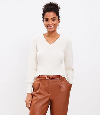 Heathered Ribbed Puff Sleeve V-Neck Sweater