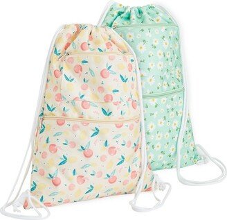 Zodaca 2 Pack Cinch Sack Drawstring Backpack for Beach Trips, Water Resistant Gym Bag with Front Zipper Pockets for Yoga, 13 x 17 inch, Floral Print