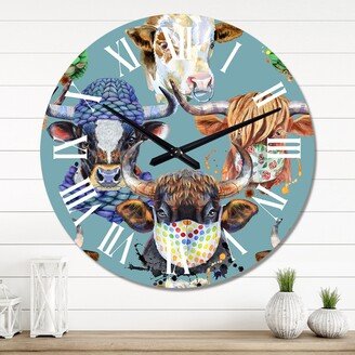 Designart 'Colorful Bulls On Blue' Patterned wall clock