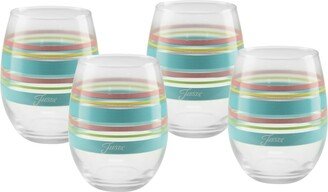 Deco Fashion Peony Stripes Stemless 4 Piece Wine Glass Set, 15 oz - Peony, Lemongrass, Turquoise, Sunflower