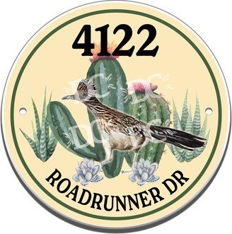 Desert Roadrunner Themed Ceramic House Number Circle Tile, Arizona Address Sign, Southwestern Sign