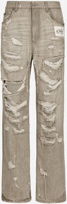 Washed oversize jeans with rips and abrasions-AA