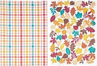 Fall Leaves & Plaid Printed & Woven Kitchen Towel Set of 2