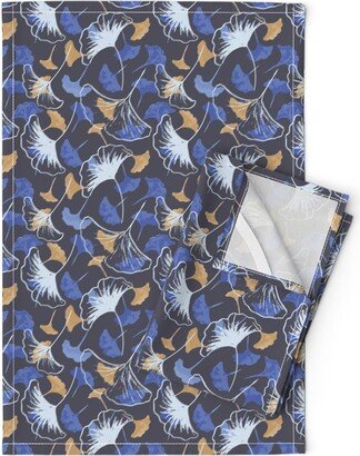 Botanical Tea Towels | Set Of 2 - Blue & Gold Gingko Leaves By Rebecca Tempski Gignko Biloba Linen Cotton Spoonflower