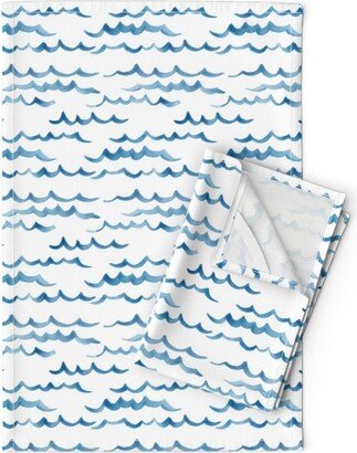 Coastal Tea Towels | Set Of 2 - Ocean Waves By Houseintheorchard Watercolor Small Blue Linen Cotton Spoonflower