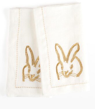 Hunt Slonem Painted Bunny Embroidered Dinner Napkin - White/Gold