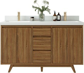 60 In. W X 22 D Madison Teak Double Sink Bathroom Vanity in Dark Natural With Quartz Or Marble Countertop | Mid Century Modern